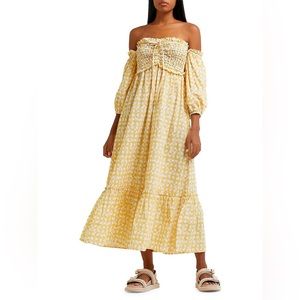 River Island - Printed Smocked-&-Shirred Bardot Midi Dress